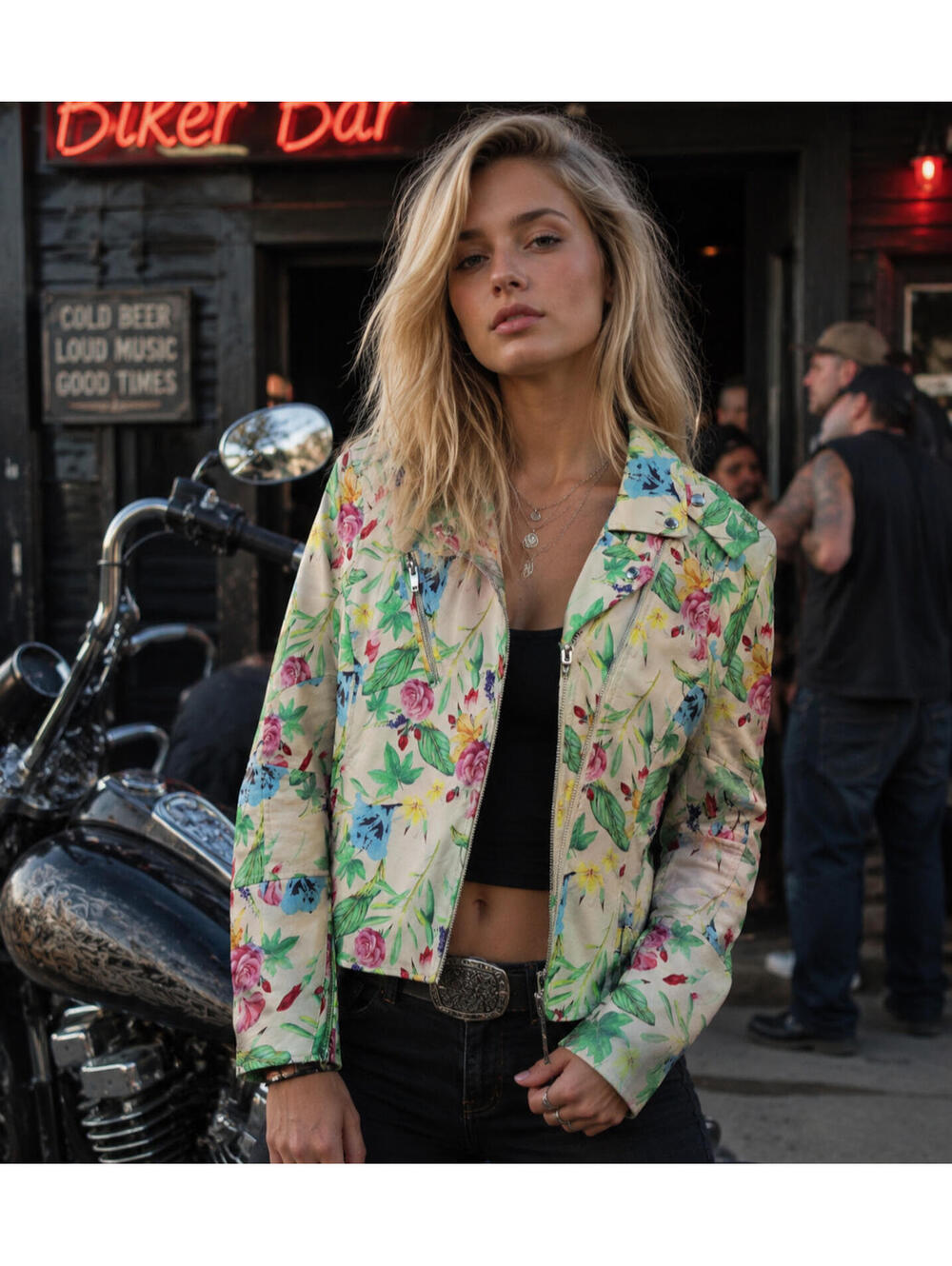 Colleen Lopez Jacket Women Medium Floral Faux Leather Biker